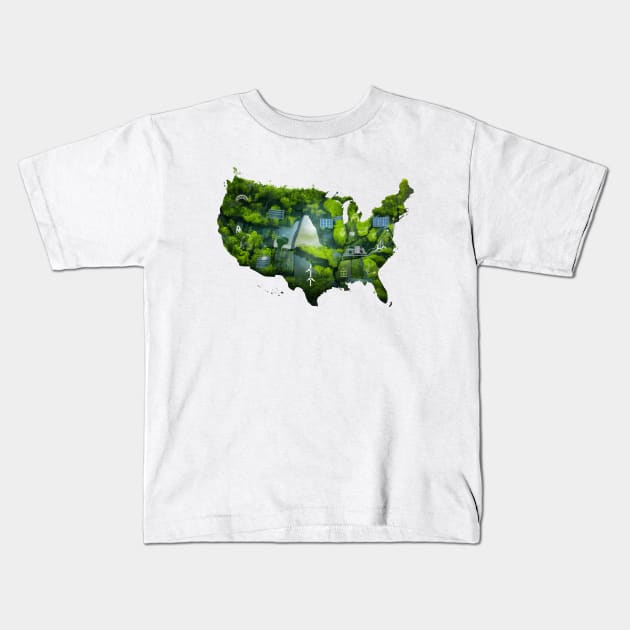 Green Map of America with Nature Trees Leaves Plants. Make America Green Again. Sustainability, Renewable Energy, Wind Solar. Save the Earth Go Green | Earth Day Awareness April 22 Kids T-Shirt by Motistry